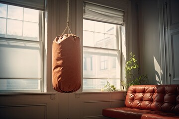 In the gym, a punching bag swings from the ceiling, ready for workouts.