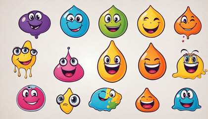 Funny melting smiling happy face colorful cartoon set, Trendy character doodle graphic bundle.