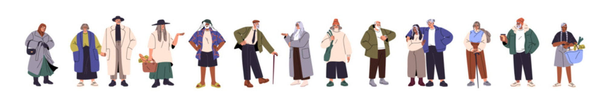 Modern old people set. Different fashion senior in stylish outfits standing. Happy aged ladies in trendy looks. Fashionable gray pensioners. Flat isolated vector illustration on white background