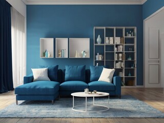 Blue living room with white sofa and bookcase - 3D Rendering
