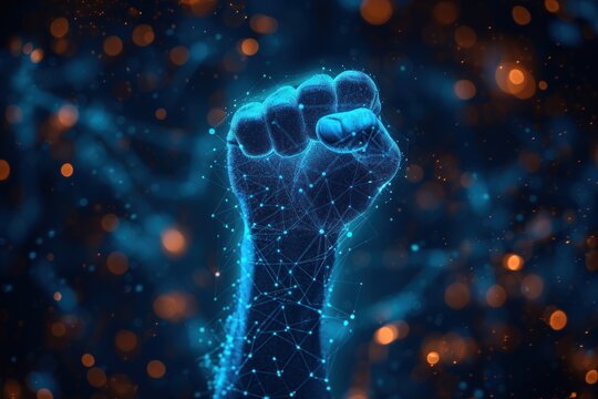 Polygonal fists raised in a digital network, symbolizing unity and revolution