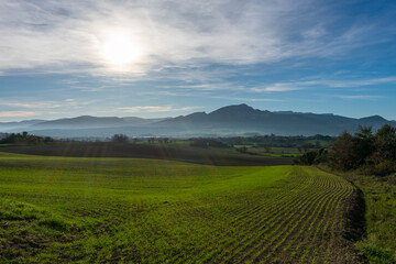 beautiful green valley with mountains and blue sky