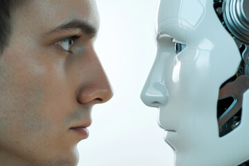 A young man and a robot face each other, showcasing the convergence of human and artificial intelligence