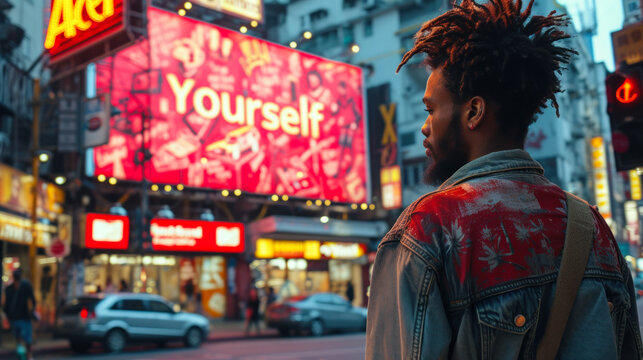 Back view of a person contemplating a vibrant neon sign saying 'Accept Yourself' in a busy urban street setting, reflecting on self-acceptance and identity - Powered by Adobe