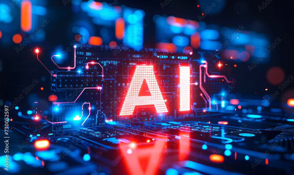 Poster futuristic ai technology concept with 'ai' text illuminated on a circuit board, representing artific