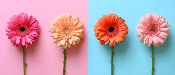 Foto op Plexiglas Collage with gerbera flowers on a pink and blue background. © warmjuly