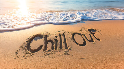 Relaxing summer vibes, Chill Out message handwritten in the sand on a serene beach, with gentle waves lapping at the shore - obrazy, fototapety, plakaty