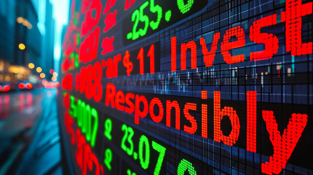 Invest Responsibly message on a digital stock market display promoting ethical investing, moral investment decisions, and financial responsibility