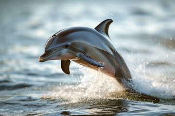 Fototapeta premium Dolphins gracefully jump on the surface of the ocean.
