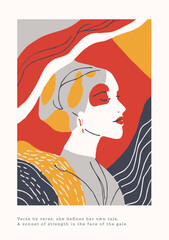 Vector vintage abstract poster art with woman face 2d illustration Matisse style