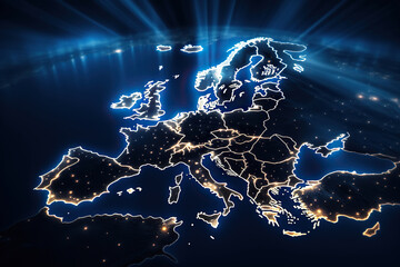 Map of Europe as seen from earth's orbit. View from space of the lights of big cities in Europe. Generated by artificial intelligence - obrazy, fototapety, plakaty