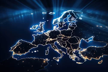 Fotobehang Map of Europe as seen from earth's orbit. View from space of the lights of big cities in Europe. Generated by artificial intelligence © Vovmar