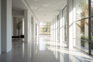 Modern open hallway with white walls, columns, and large windows. Generative AI