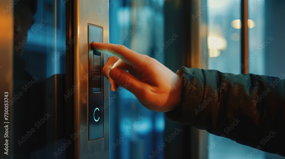 Poster a person is seen pressing a button on a metal door. this image can be used to depict access control,