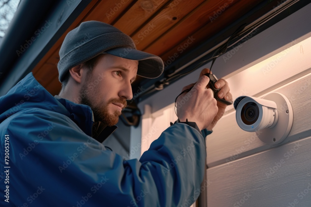 Poster A man is seen fixing a security camera on the side of a building. This image can be used to illustrate concepts such as surveillance, security systems, or technology installation