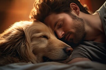 A dog and its owner share a peaceful slumber, bonding in the comfort of sleep.