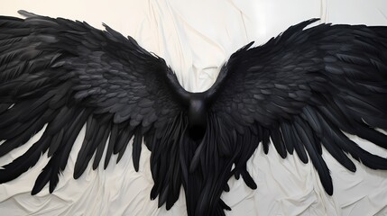 A close-up of graceful black angel wings, the feathers capturing every detail, against a pure white canvas, evoking a sense of celestial wonder