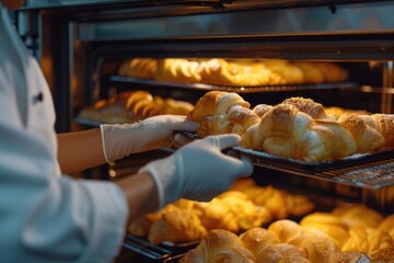 A person in a white shirt is putting bread in an oven. This image can be used to showcase baking or cooking activities