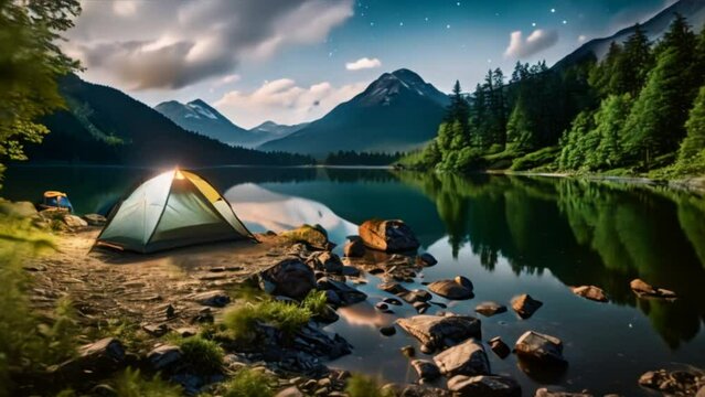 Camping by the serene mountain lake amidst breathtaking scenery