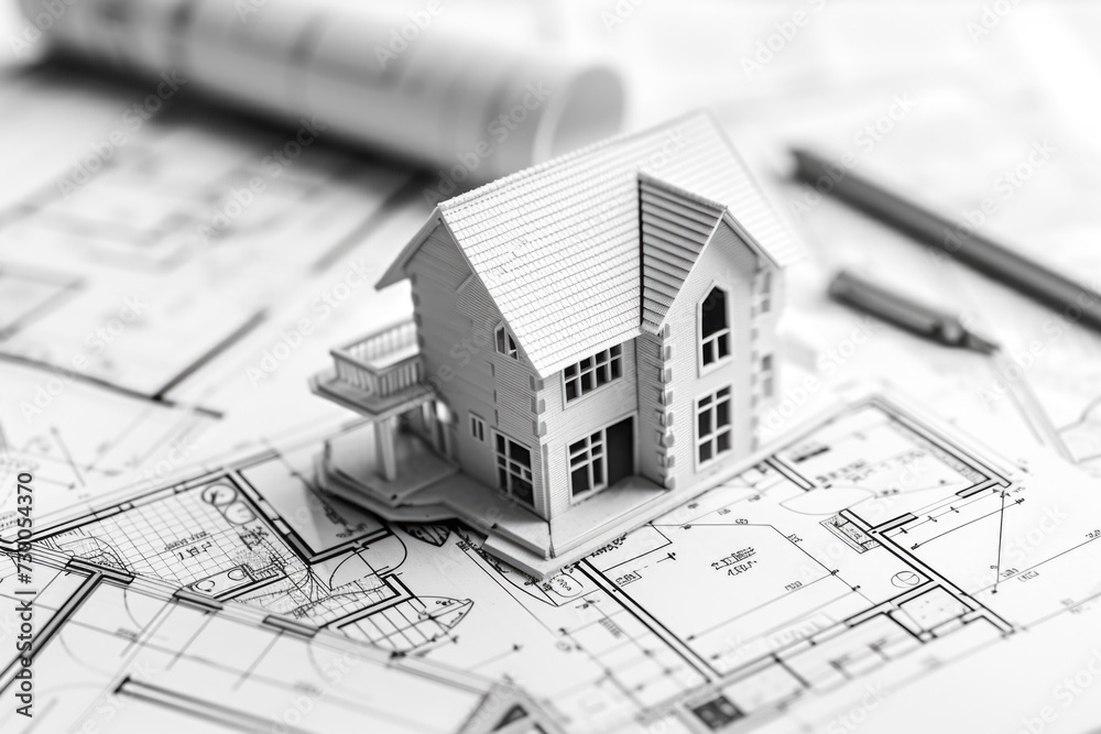 Poster house model placed on blueprints, suitable for architecture and construction projects