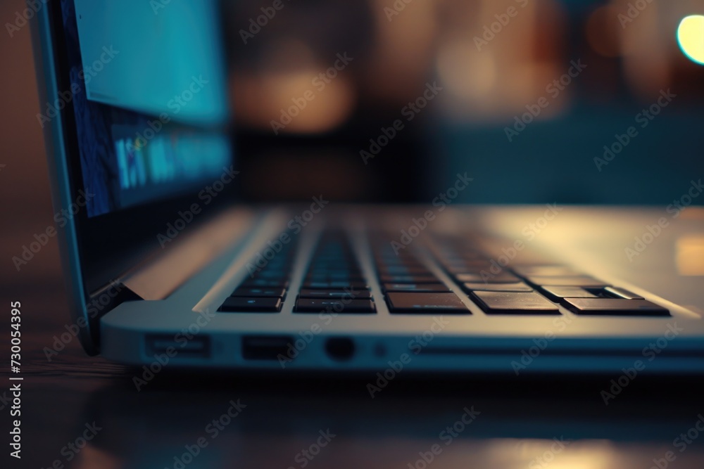 Poster a laptop computer placed on a wooden table, suitable for business or technology-related projects