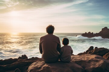 Fototapeta premium Young father with his son on the shore of the sea or ocean.