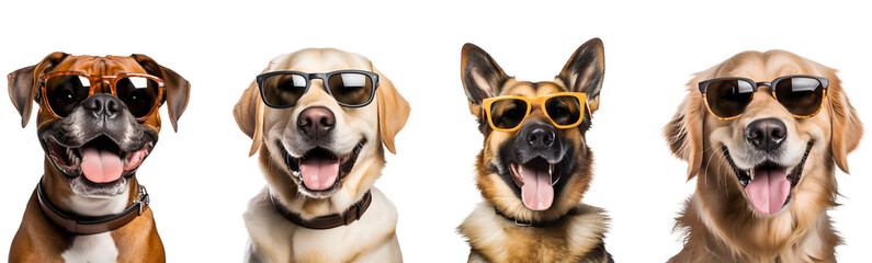 Set of Boxer, Golden Retriever, Labrador, and German Shepherd: Medium and Large Breed Dogs Wearing Sunglasses and Being Cool and Funny, Isolated on Transparent Background, PNG
