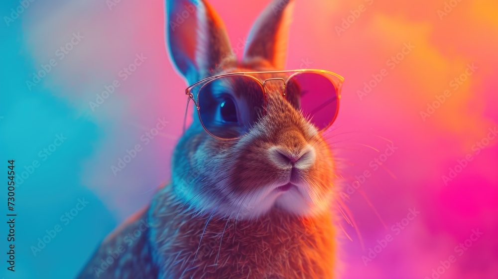 Aufkleber A cute rabbit wearing stylish sunglasses on a vibrant and colorful background. Perfect for adding a fun and playful touch to any project or design
