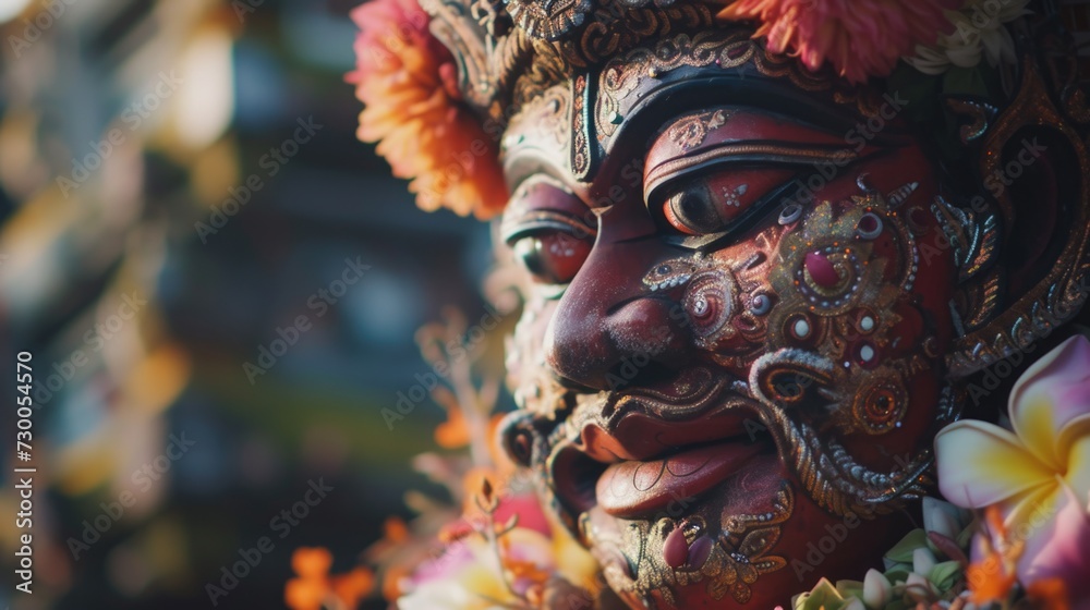 Poster A close-up view of a statue adorned with beautiful flowers. Perfect for adding an elegant touch to any design or decor