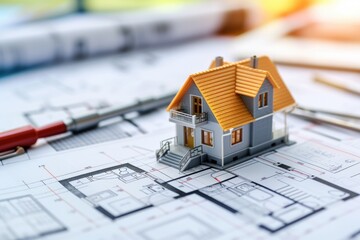 Model house sitting on top of a blueprint. Suitable for architectural design, construction concepts, and real estate projects