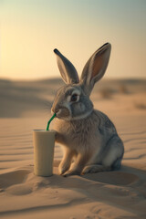 AI Generated rabbit in the desert  Drinking Juice 