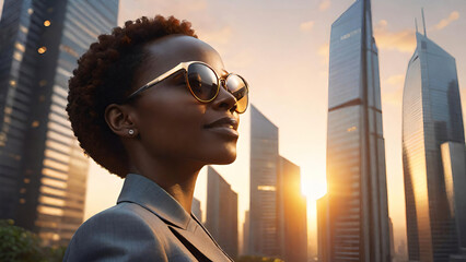 Successful African businesswoman is considering new business opportunities in front of the background of tall buildings