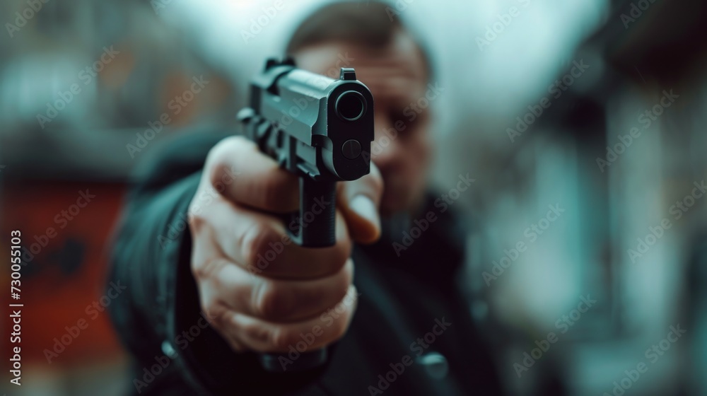 Poster a man is seen pointing a gun directly at the camera. this intense and threatening image can be used 