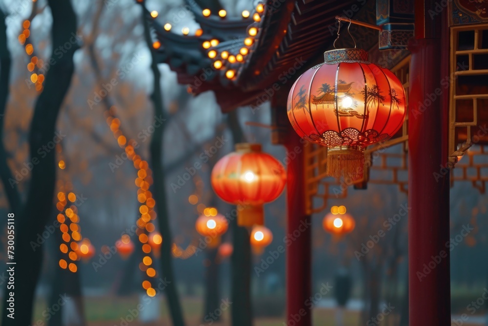 Poster A row of red lanterns hanging from the side of a building. Perfect for adding a touch of traditional charm to any setting