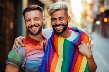 Same sex LGBT LGBTQ couple smiling on city street