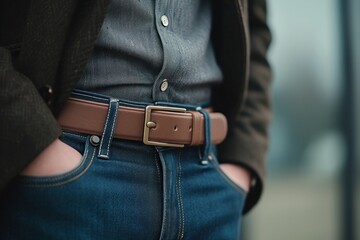 Light brown men's belt on jeans and gray shirt. Quiet luxury concept.  - Powered by Adobe