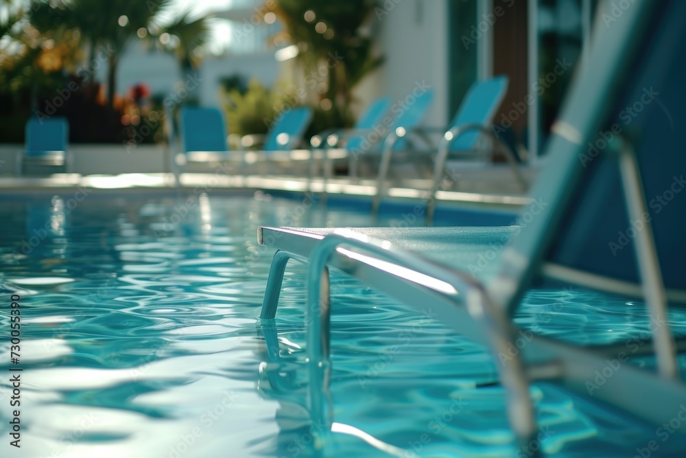 Poster a serene image of a pool surrounded by blue chairs and a white building in the background. perfect f
