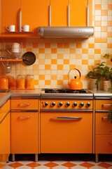 A picture of a kitchen with orange cabinets and a stove. This image can be used to showcase modern kitchen designs or for illustrating home improvement projects