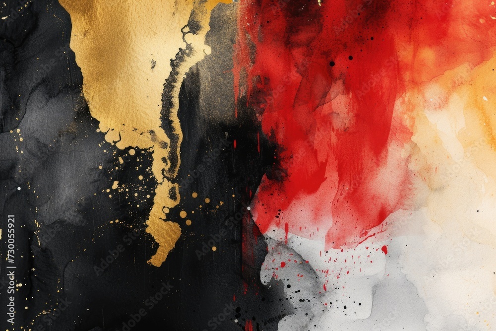 Poster a detailed view of a painting featuring gold and red paint. this image can be used for various creat