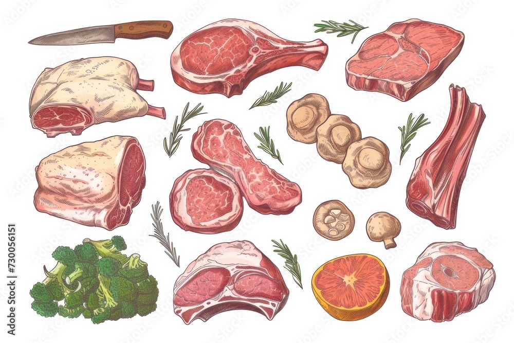 Poster A collection of different types of meats and vegetables displayed on a clean white background. Perfect for food-related designs and culinary projects