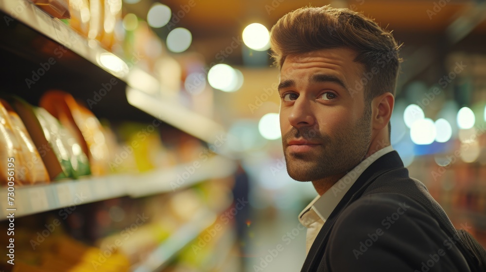 Poster A man standing in front of a shelf in a store. Perfect for showcasing products or shopping concepts