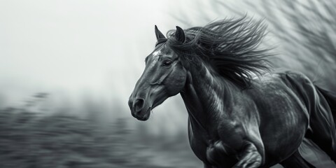 Fototapeta premium A dynamic black and white photograph capturing the graceful movement of a running horse. Perfect for adding a touch of elegance and power to any project