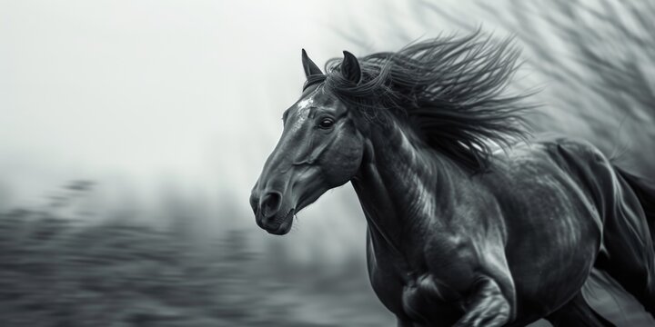 A dynamic black and white photograph capturing the graceful movement of a running horse. Perfect for adding a touch of elegance and power to any project