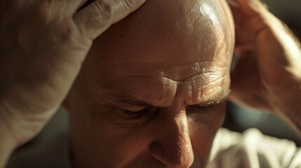 A bald man with a distressed expression, holding his hands on top of his head. This image can be used to depict stress, frustration, or feeling overwhelmed