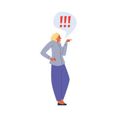 Annoyed angry woman point finger to something, cartoon vector on white