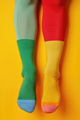 Two pairs of colorful socks on a vibrant yellow background. Versatile and eye-catching, perfect for fashion, clothing, or accessories-related projects