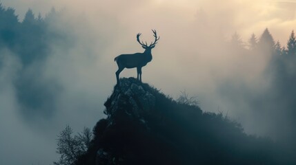 A deer standing on top of a mountain on a foggy day. This picture can be used to depict wildlife, nature, tranquility, or misty landscapes
