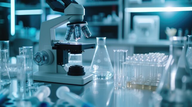 Microscope and test tubes on a table. Ideal for scientific research and laboratory experiments