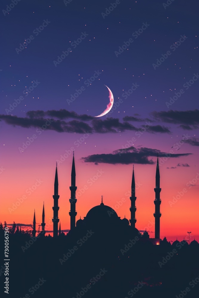 Poster a stunning view of a mosque with a crescent in the sky. perfect for religious and cultural themes