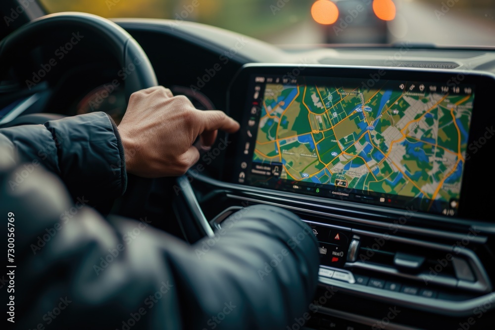 Poster a person driving a car with a gps device. can be used for illustrating navigation, road trips, techn